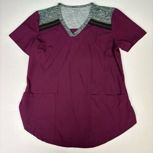 GT Performance Women's Small Scrub Top Wine Purple Gray Black Stripe Nursing